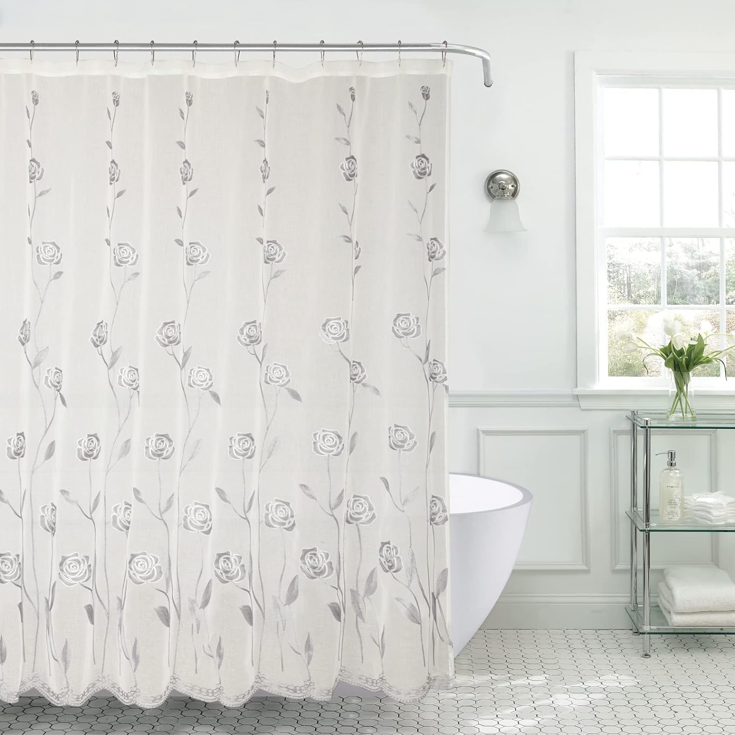 Decorative Sheer Fabric Shower Curtain For Bathroom Beige Silver