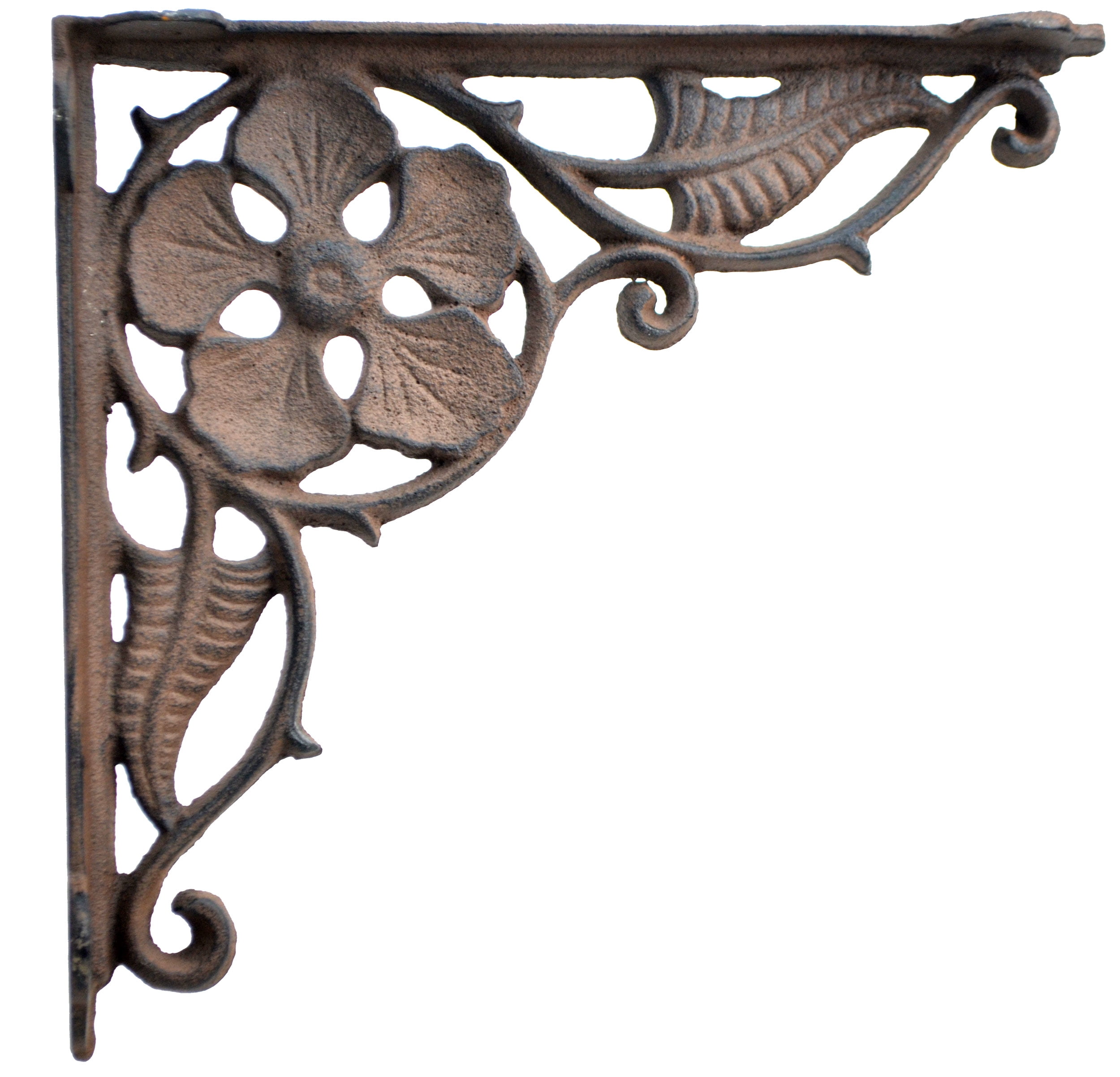 Decorative Shelf Bracket - Flower Leaf - Distressed Brown Cast Iron - 9.375"