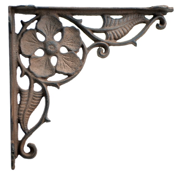 Decorative Shelf Bracket - Flower Leaf - Distressed Brown Cast Iron - 9.375"