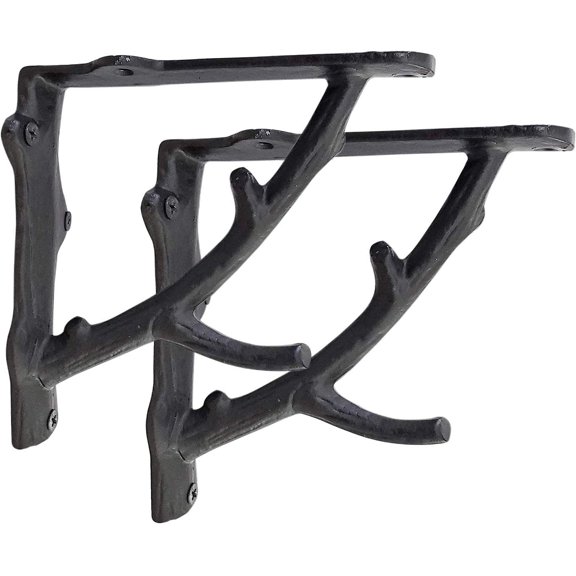 Decorative Shelf Brackets, 2 Pack of 7 x 2 x 7.3 inch, Black Cast Iron Rustic Shelf Brackets - Metal Shelf Brackets for Wall - Tree Branch Shelf Bracket