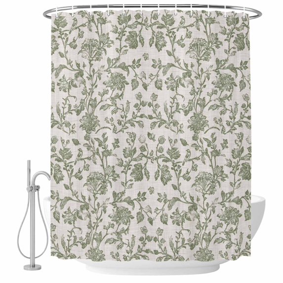 Decorative Shower Curtain Farmhouse Fabric Waterproof Bath Shower Curtains Bathroom Accessories Spring Flowers Shower Curtain 66x72 Inch for Home Hotel Farmhouse Sage Green Pastoral Floral Leaf