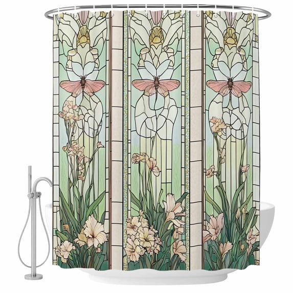 Decorative Shower Curtain Farmhouse Polyester Fabric Waterproof Bath Shower Curtains Bathroom Accessories Butterfly Flowers Shower Curtain 36x72 Inch for Home Hotel Vintage Stained Glass Green Spring