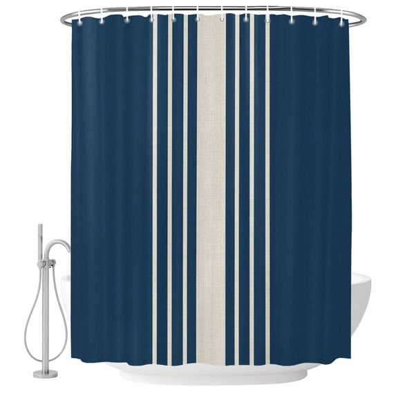 Decorative Shower Curtain Farmhouse Polyester Fabric Waterproof Bath Shower Curtains Bathroom Accessories Navy Blue Beige Striped Shower Curtain 36x72 Inch for Home Hotel Modern Farmhouse Retro Lines