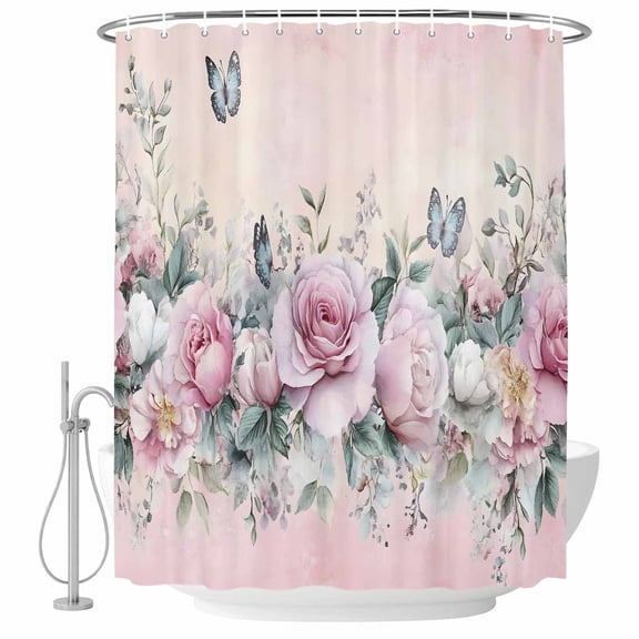 Decorative Shower Curtain Farmhouse Polyester Fabric Waterproof Bath Shower Curtains Bathroom Accessories Pink Roses Floral Shower Curtain 72x72 Inch for Home Hotel Vintage Romance Botanical Flowers