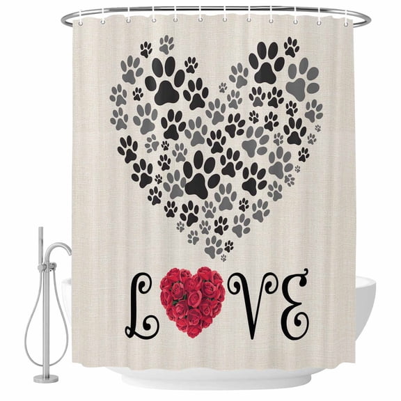 Decorative Shower Curtain Farmhouse Polyester Fabric Waterproof Bath Shower Curtains Bathroom Accessories Romance Love Shower Curtain 36x72 Inch for Home Hotel Heart Dog Paw Prints Roses Beige
