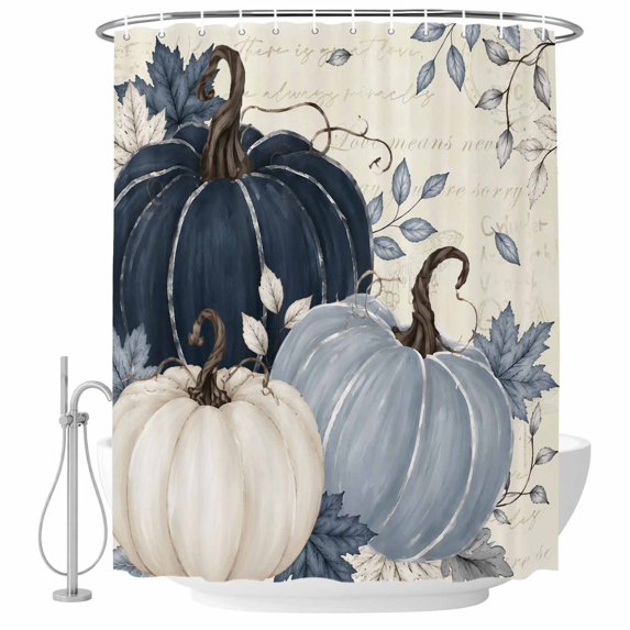 Decorative Shower Curtain Farmhouse Waterproof Bath Shower Curtains Bathroom Accessories Navy Blue Fall Pumpkin Machine Washable Curtain 60x72 Inch for Home Hotel Thanksgiving Botanical Harvest