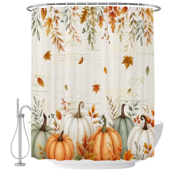 Decorative Shower Curtain Farmhouse Waterproof Bath Shower Curtains Bathroom Accessories Orange Green Pumpkins Fall Machine Washable Curtain 36x72 Inch for Home Hotel Thanksgiving Maple Leaf Retro