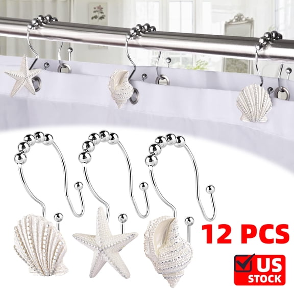 Decorative Shower Curtain Hooks,12 Pcs Seashell Double Glide Shower Curtain Hooks for Bathroom and Living Room (White Seashell)