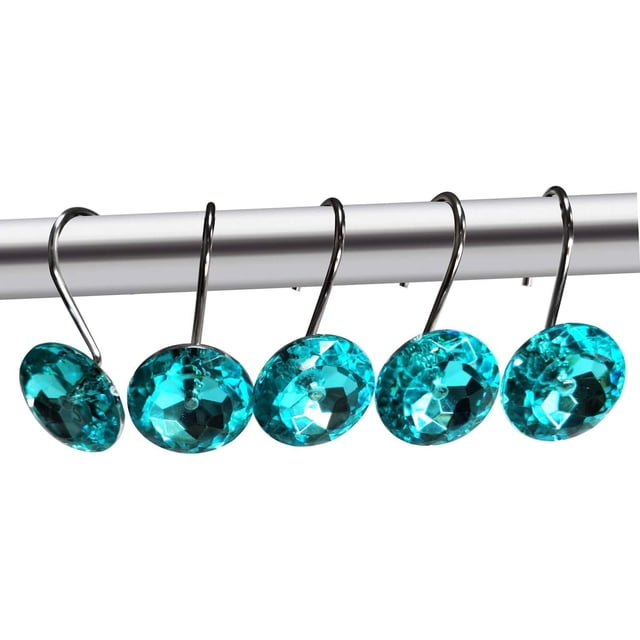 YULUOSHA 12-Pack Shower Curtain Hooks With Diamond Crystal Rhinestones – Silver Stainless Steel, Brushed Finish, Bling Bathroom Accessory
