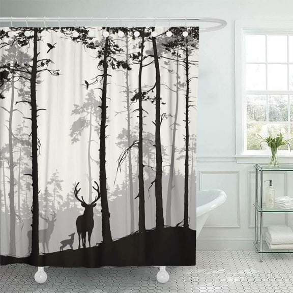 Decorative Shower Curtain Silhouette of Pine Forest Family Deer and Birds Brown 72"x72" Waterproof Tree Bathroom Shower Curtain Set with Hooks