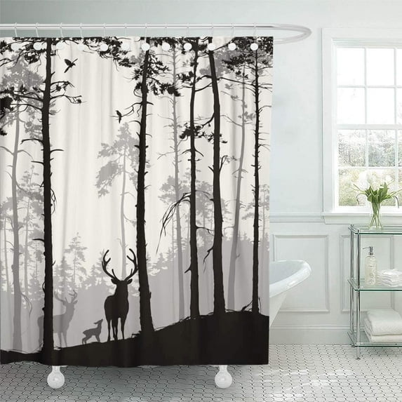 Decorative Shower Curtain Silhouette of Pine Forest Family Deer and Birds Brown 72"x72" Waterproof Tree Bathroom Shower Curtain Set with Hooks