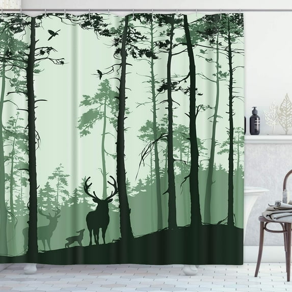 Decorative Shower Curtain Silhouette of Pine Forest Family Deer and Birds Green 72"x72" Waterproof Tree Bathroom Shower Curtain Set with Hooks