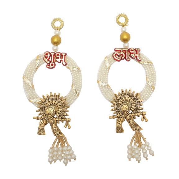 Decorative Shubh Labh Sticker Made up of Acrylic for Door Wall Handcrafted Shubh Labh Pooja Mandir Temple Entrance Indian Traditional Navratri Festival Decorations (Size:-7")(White,Golden)