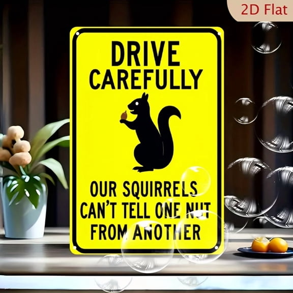 Decorative Signs Plaques, 2D Flat, Drive Cautiously" Humorous Squirrel Warning Sign - Durable Metal, 8x12 Inches, Easy-to-Hang With Pre-Cast Holes, Vivid Colors, Ideal For Home, Garage, Garden Decor