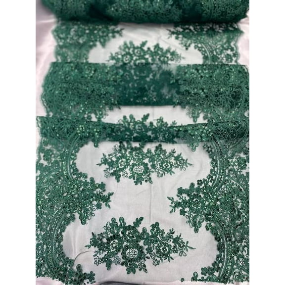 Decorative Silk INC Sequin lace Fabric with Embroideries on mesh (1 Yard, Hunter Green) VT-14
