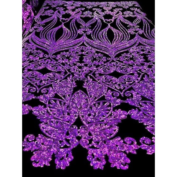 Decorative Silk INc Damask Design Embroidered on Mesh Lace Fabric by The Yard VT-16(1 Yard, Black Iridescent Purple)