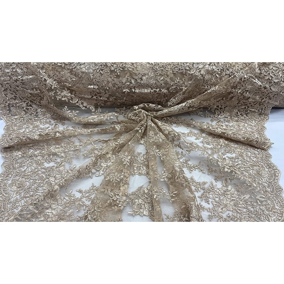Decorative Silk Inc Embroidery Cord lace Fabric with embroderies on mesh VT-15(1 Yard, Metalic Champagne)
