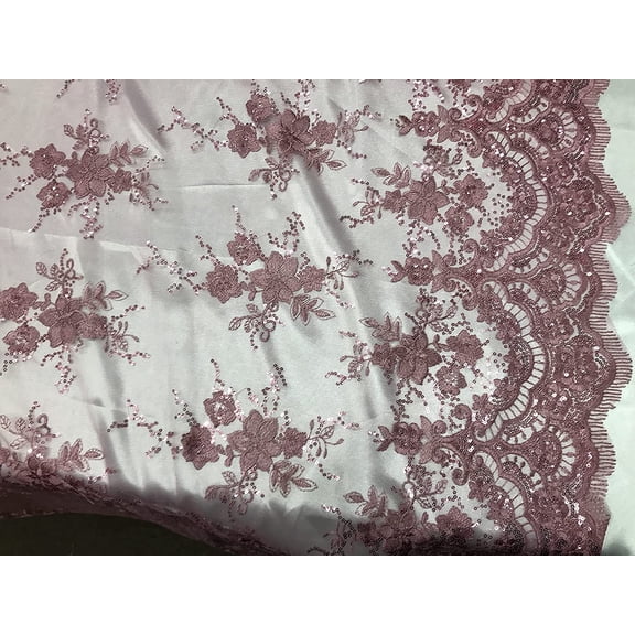 Decorative Silk Inc Sequin lace Fabric with embroderies on mesh VT-011 (1 Yard, Mauve)