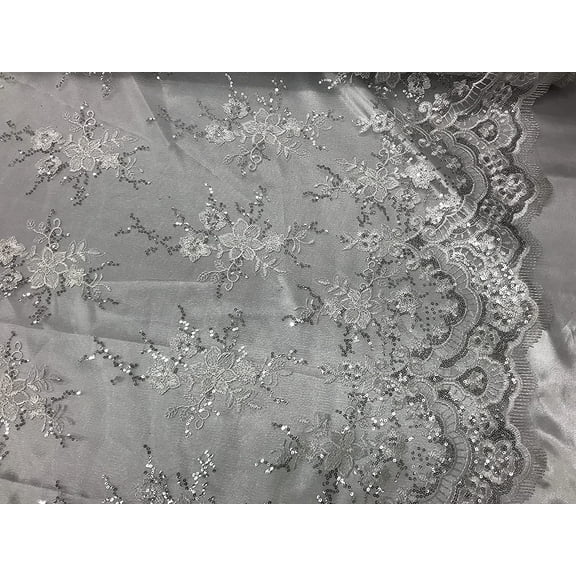 Decorative Silk Inc Sequin lace Fabric with embroderies on mesh VT-011 (1 Yard, White)