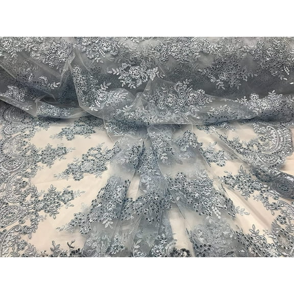 Decorative Silk Sequin lace Fabric with embroderies on mesh VT-012 (1 Yard, Baby Blue)