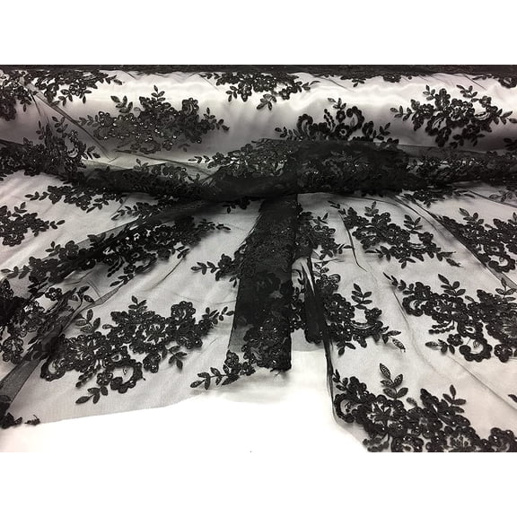 Decorative Silk Sequin lace Fabric with embroderies on mesh VT-012 (1 Yard, Black)