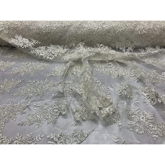 Decorative Silk Sequin lace Fabric with embroderies on mesh VT-012 (1 Yard, Ivory)