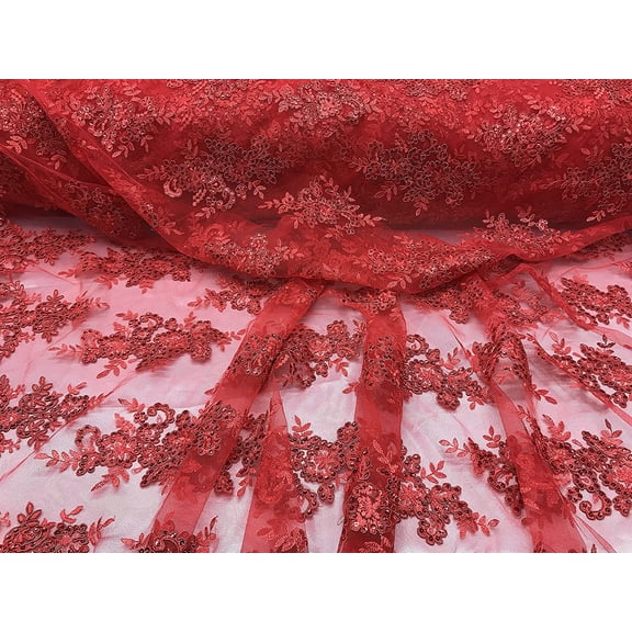 Decorative Silk Sequin lace Fabric with embroderies on mesh VT-012 (1 Yard, Red)