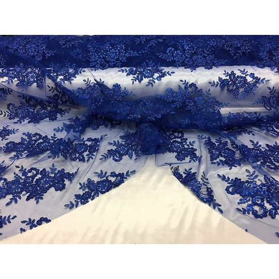 Decorative Silk Sequin lace Fabric with embroderies on mesh VT-012 (1 Yard, Royal Blue)