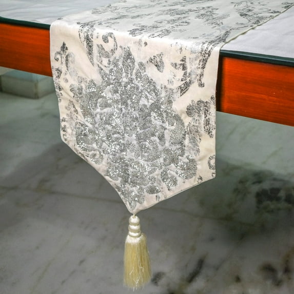 Decorative Silver 4 - 6 Seater Table Runner (14 x 64 inch) Velvet Table Decor, Foil, Sequins, Damask, Handmade Table Runner for Holiday, Party, Dining, Christmas Hosting, Modern - Silver Flourish