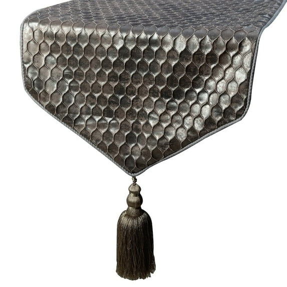 Decorative Silver Table Runner 6 - 8 Seater Table Runner (16 x 90 inch), Foil & Beehive with Tassels Table Runner, Satin fabric Table Linen, Geometric Pattern Modern Style - Hive Wave
