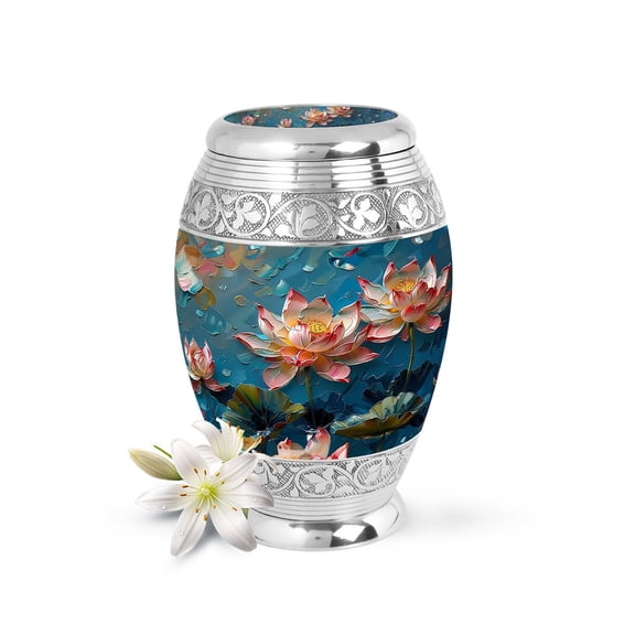 Decorative Silver Urn with Lotus Flowers design Urn, Artistic Personalized Floral Memorial Urn for Human Ashes, Handcrafted Cremation Urns