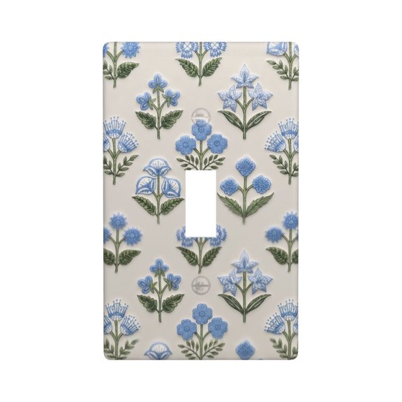 Decorative Single Rocker Switch Plate Cover, Blue Floral Pattern Blank Wall Plate Insert, Vintage Flower Design Standard Size Light Switch Wall Decor