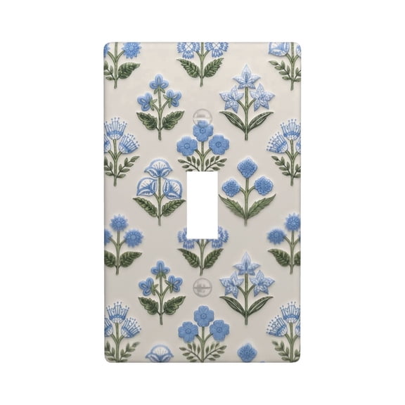 Decorative Single Rocker Switch Plate Cover, Blue Floral Pattern Blank Wall Plate Insert, Vintage Flower Design Standard Size Light Switch Wall Decor