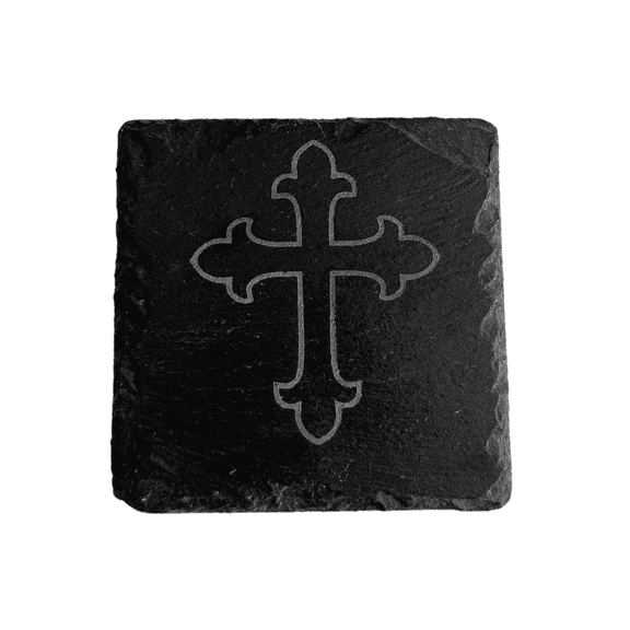 Decorative Slate Coaster with Cross Design, 4x4 inches, Black, Anti-Slip Bottom