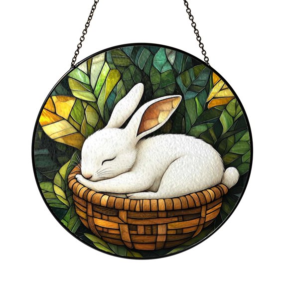Decorative Sleeping Rabbit Stained Glass Suncatcher, Window Art Hanging Panel, Nature Inspired Home Decor Accent Gift
