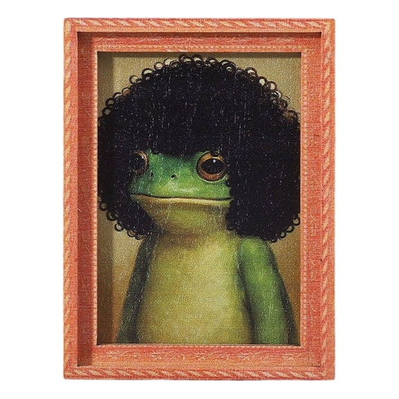 Decorative, Small Picture Frame, 3X2.5 in Frog Portrait, Quirky Kitchen Decor, Vintage Style, 3X2.5 Inch Wooden Framed Fridge with Retro Curly Green Frog Artwork for Kitchen