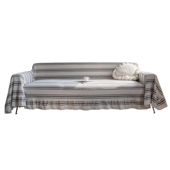 Decorative Sofa Throw Gray White Striped Pattern Ruffled Edge Polycotton Fabric