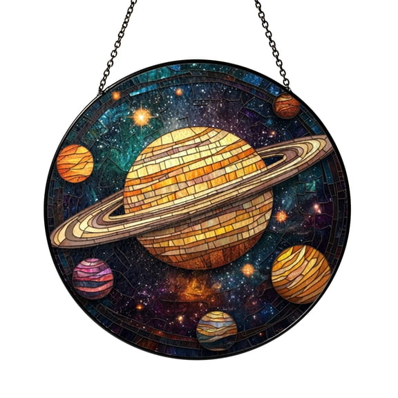 Decorative Solar System Stained Glass Window Hanging with Planet Orbit Theme and Cosmic Detail
