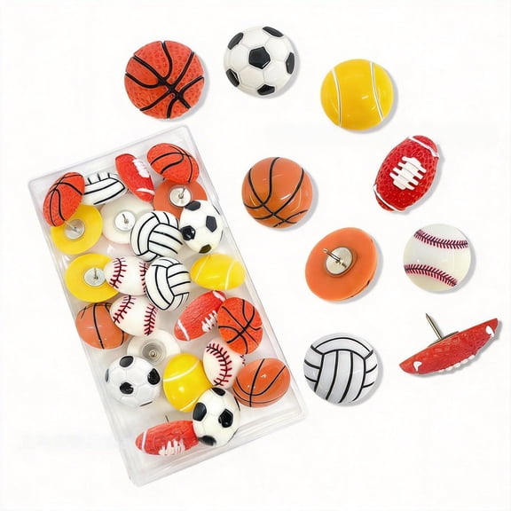 Decorative Sports Theme Pushpins, 30 Pcs Colorful Resin Ball Thumbtacks for Photos and Notes, Fun Office Supplies and Classroom Decor, 5 Unique Sports Ball Patterns
