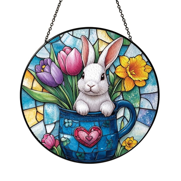Decorative Spring Animal Stained Glass Style Window Hanging, Fantasy Forest Creature Art Suncatcher With Beautiful Tulips, Aesthetic Room Ornament, Unique Indoor Decor Present For Artwork Lovers