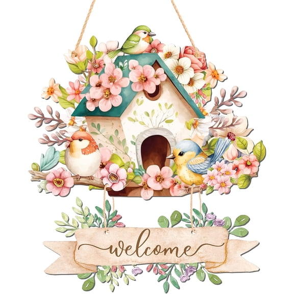 Decorative Spring Door Hangers Welcome Sign Blooming Flowers Birdhouse Wall Tags Plaque for Farmhouse Porch Front Yard Ornament Ironwork