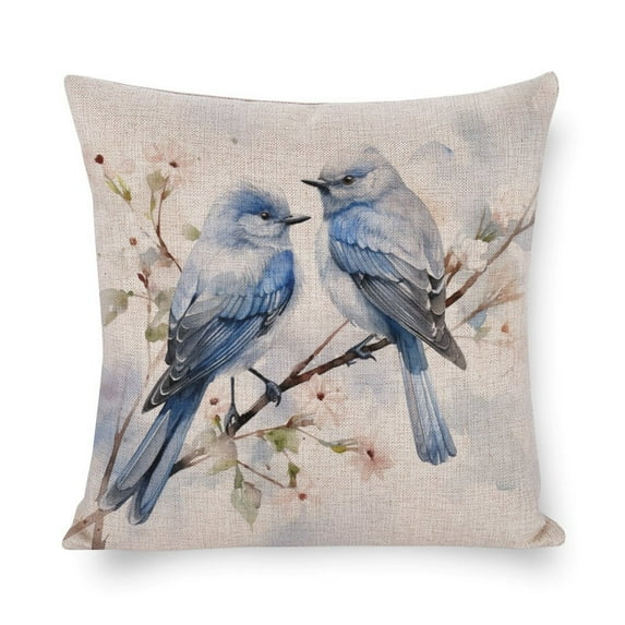 Decorative Square Pillowcase Cushion Case Spring Summer Vintage Birds with Leaves Cushion Case Elegant Blue Gray Birds Watercolor Wildlife Cooling Pillowcase for Living Room Bedroom 16"x16"