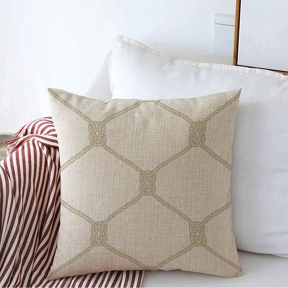 Decorative Square Throw Pillow Cover Border Nautical Rope Pattern Endless Navy Beige Fishing Net Knots On White Tie Maritime Cord Drawn Linen Cushion Cover 20 x 20 Inch for Couch Bedroom Car Bench