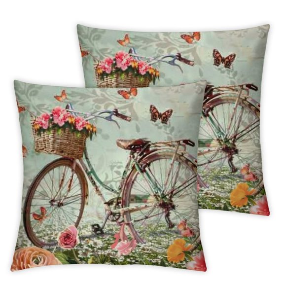 Decorative Square Throw Pillows Cover Vintage Roses Butterflies Bicycle Soft Throw Pillowcase Farmhouse Cushion Case for Sofa Couch Bedroom