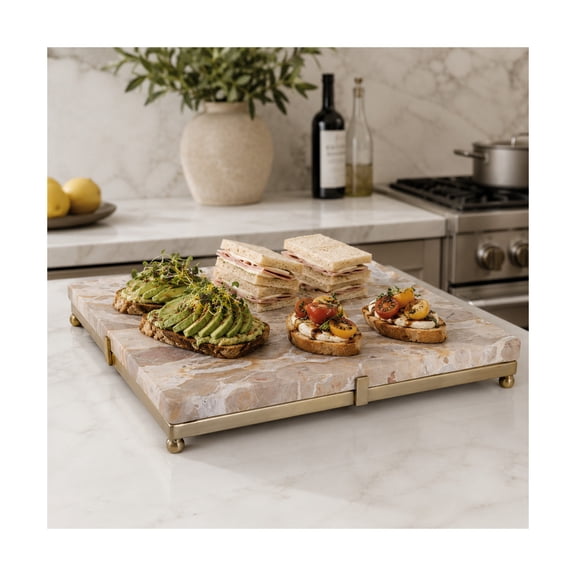 Decorative Square Tray Serveware for Kitchen Accessories - Modern Marble and Metal Serving Utensil for Kitchen Tools - Functional Accent Display for Entertaining Essentials - 2", Tan & Gold