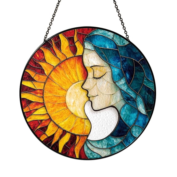 Decorative Stained Glass Sun Face Window Hanging with Flowing Cool Tone Hair, Radiant Red Yellow Beams, Circular Art Panel