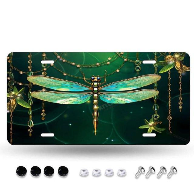 Decorative Stainless Steel License Plate Frame – Unique and Rust-Free Car Tag-dragonfly_made_of_green_and_gold_with_gemstones_hanging