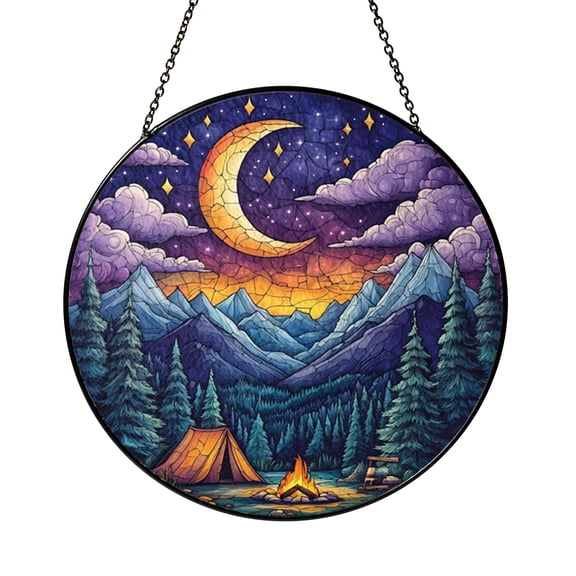 Decorative Starry Campfire Window Hanging Stained Glass Style Suncatcher, Night Scene Art Decor for Window Display, Nature Inspired Glass Panel