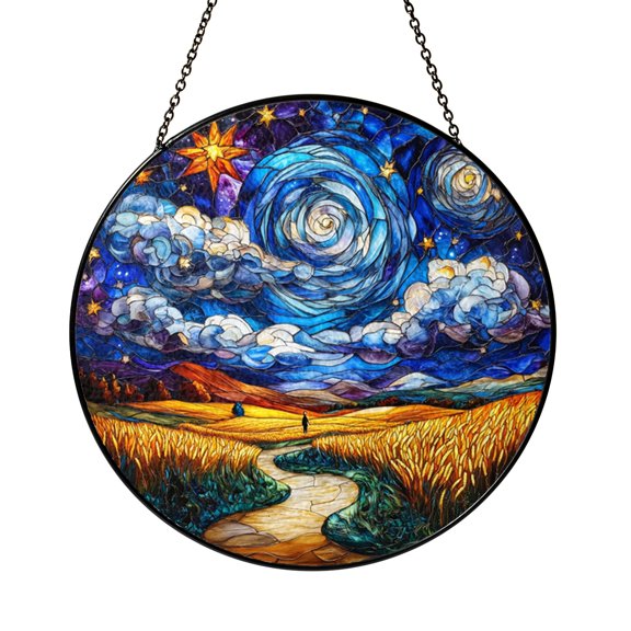 Decorative Starry Night Stained Glass Window Hanging with Expressive Sky Design and Light Effect