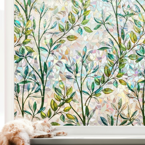 Decorative Static Cling Window Film for Privacy, Sun Blocking Non-Adhesive Cover for Glass Doors and Home Decor, 3D Stained Glass Design Removable Window Treatment, 17.5 x 78.7 Inch Leaf Pattern